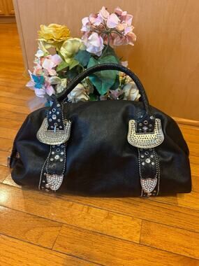 CHARM AND LUCK Black Leather Rhinestone Studded Bag Satchel Purse Hand Bag (180
